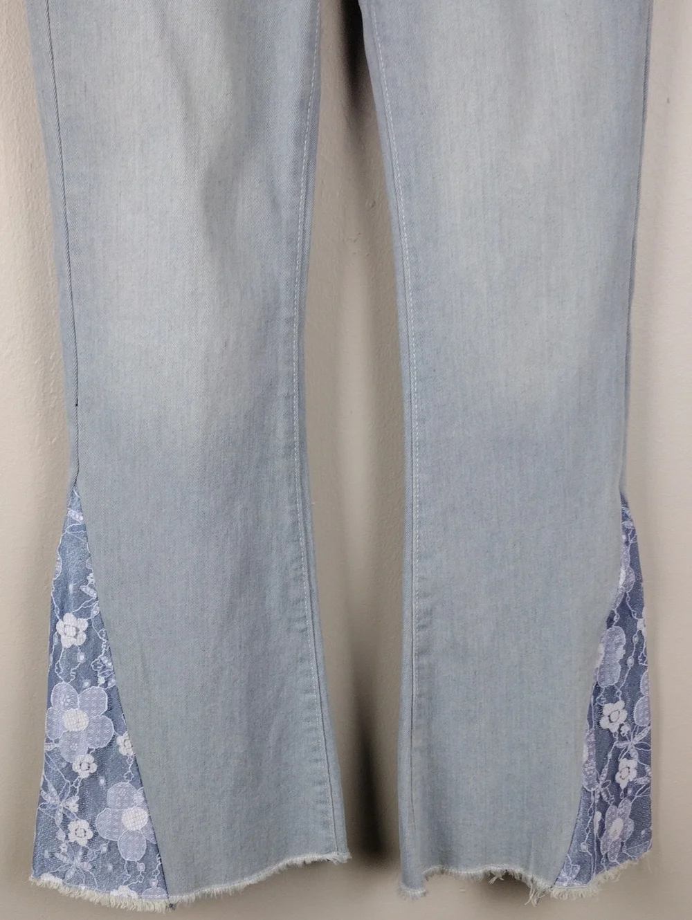 YMI Girl Gigi Flare Blue Light Potassium Wash High Rise Lace Raw Hem Denim Jean